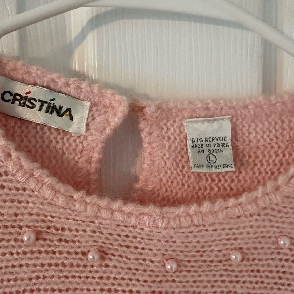Pink Pearl Embellished Knit Sweater Vintage L - Picture 5 of 6